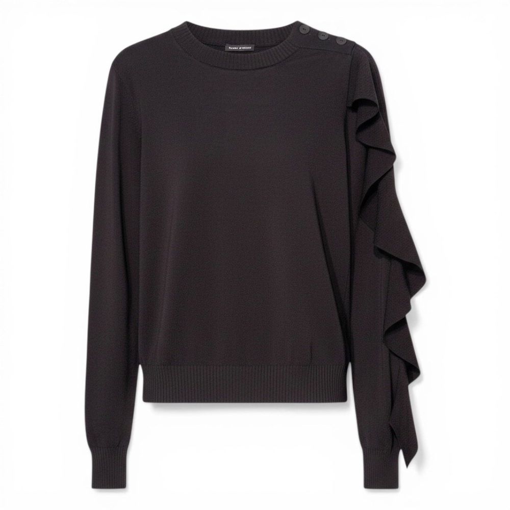 Sarah Pacini Avant Garde Asymmetrical Ruffle Sleeve Knit Sweater Black OS